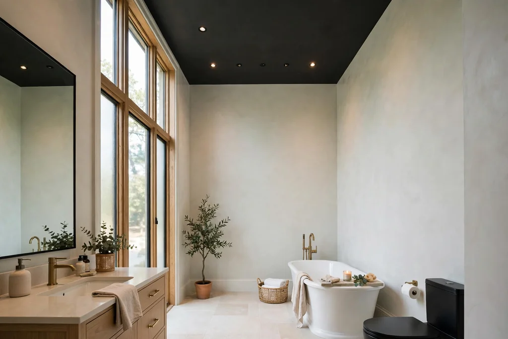 Tall bathroom with a dark charcoal ceiling and pale walls.