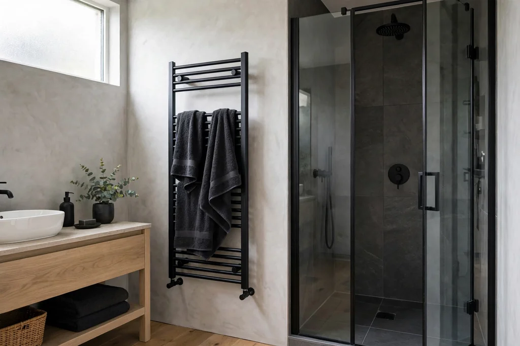 Black heated towel rail with dark towels beside a shower.