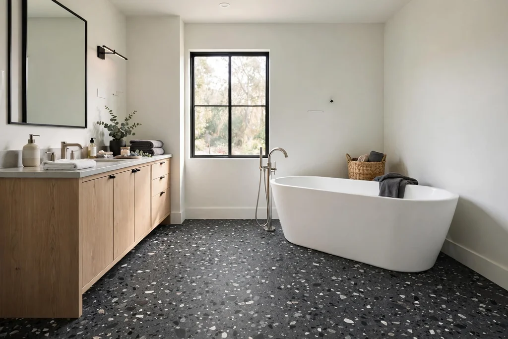 Charcoal terrazzo look floor with pale walls and a white tub.