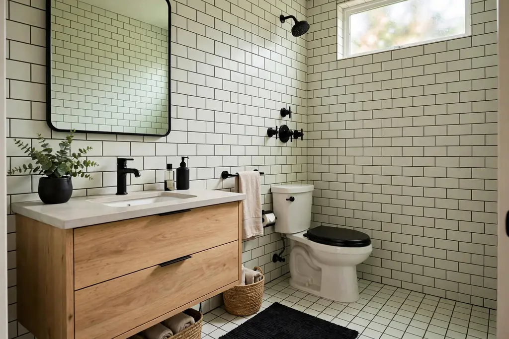 Pale bathroom tiles with dark grout lines and black fittings.