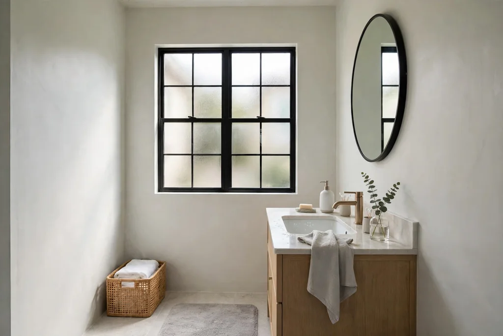 Bathroom window with a black frame and privacy glass in pale walls.