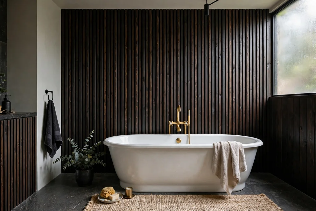 Dark stained timber slat wall behind a freestanding tub.