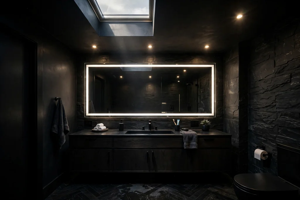 Dark bathroom lit by a skylight, ceiling lights, and a lit mirror.