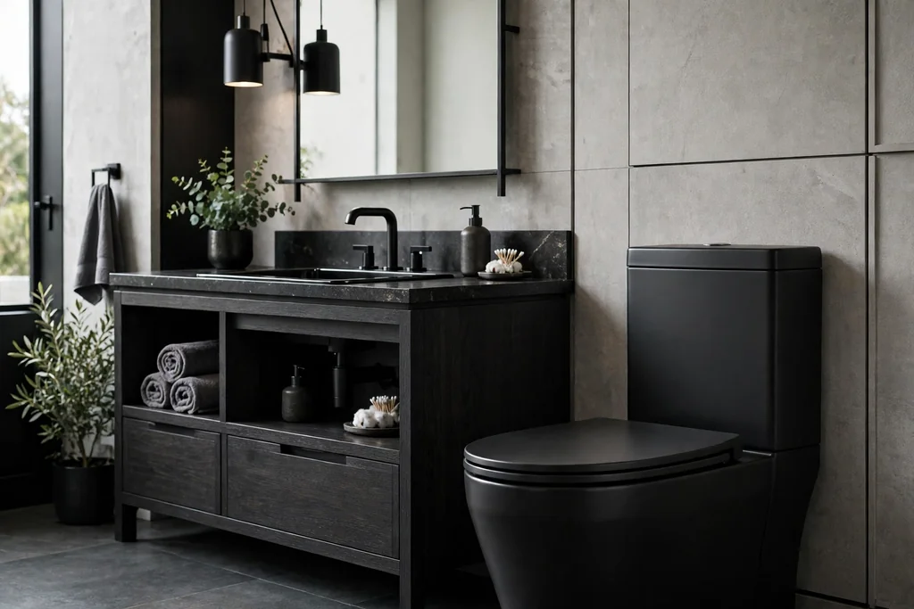 Black toilet with a matching seat beside a dark vanity.
