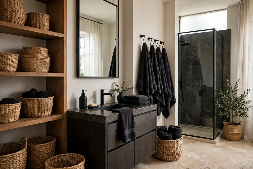 Dark towels and woven baskets styled in a bathroom.