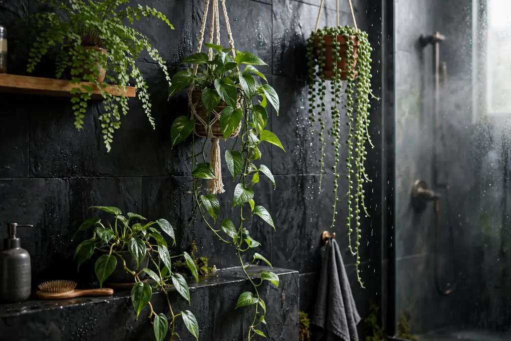 Humidity loving plants trailing against a dark bathroom wall.