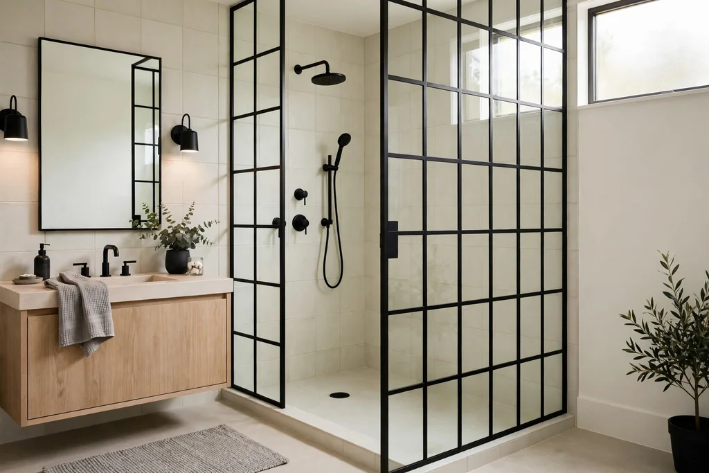 Black grid shower partition with pale tiles and black fittings.