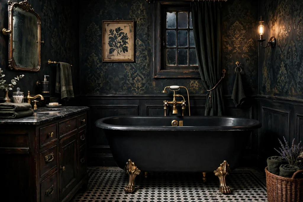 Black clawfoot tub with brass details in a vintage dark bathroom.