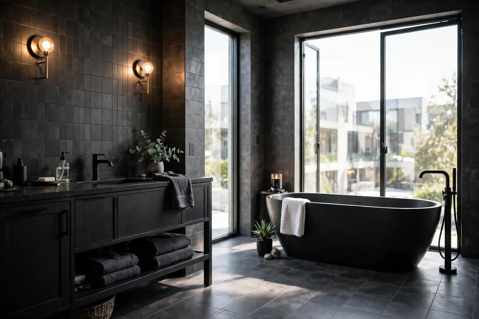 Wide modern dark bathroom with a black vanity, charcoal tiles, warm sconces, and a freestanding tub.