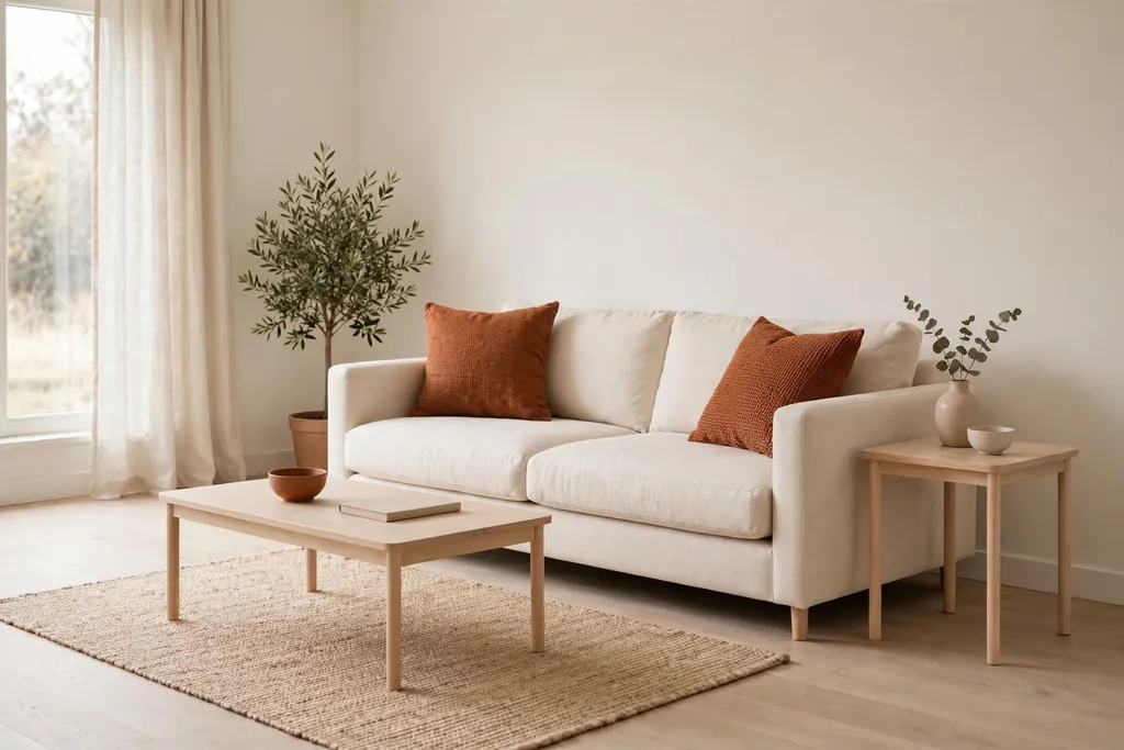 Modern living room with warm white walls, cream sofa, and rust accent cushions.
