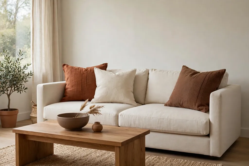 Cream sofa styled with rust, cream, and warm brown cushions.