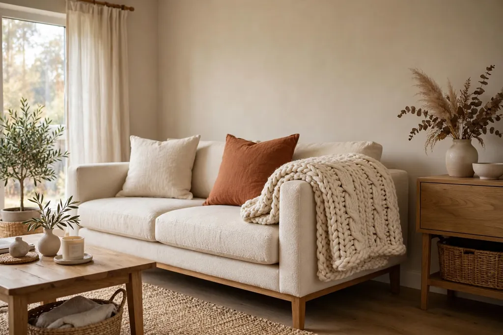 Chunky knit throw folded over the arm of a modern sofa.