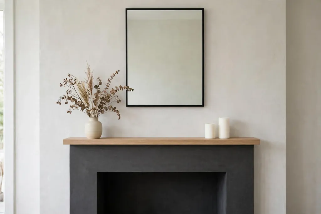 Minimal modern mantel with dried stems in a vase and candles.