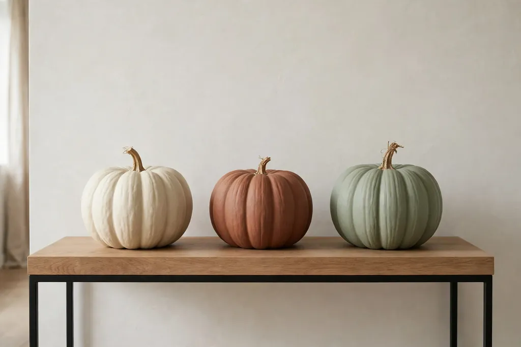 Three muted ceramic pumpkins in cream, rust, and sage on a console table.