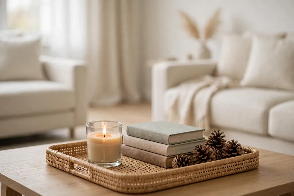 Coffee table tray with a candle, books, and pinecones.