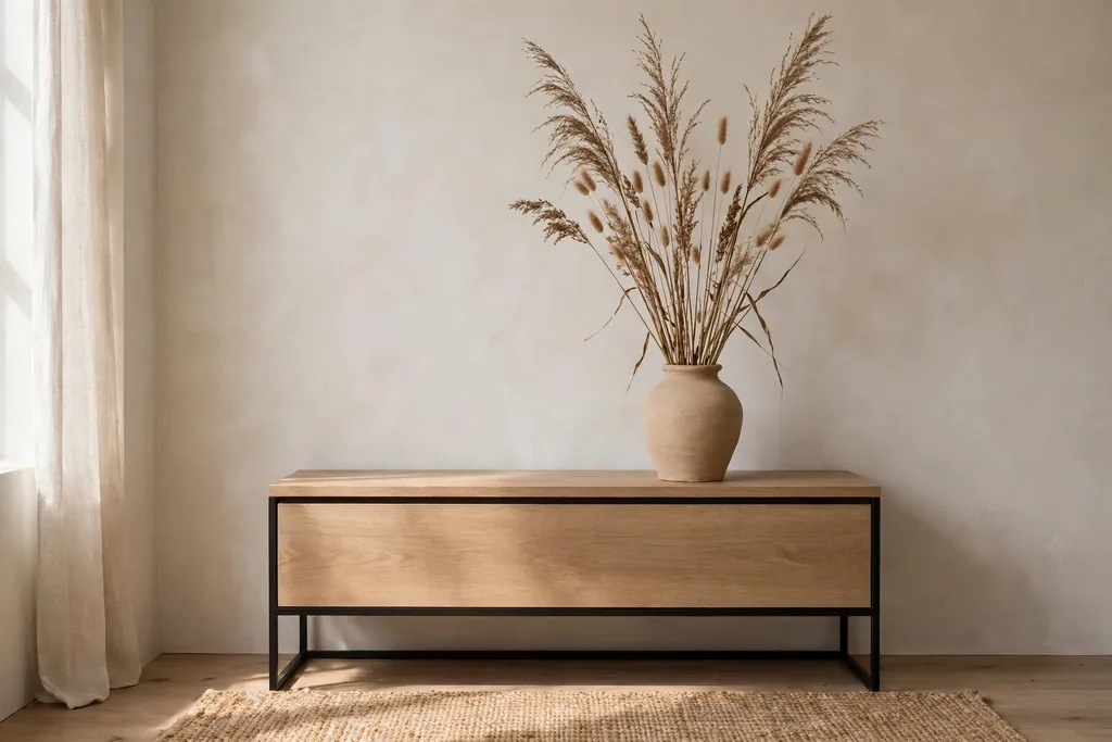 Tall dried stems in a plain clay vase on a console table.
