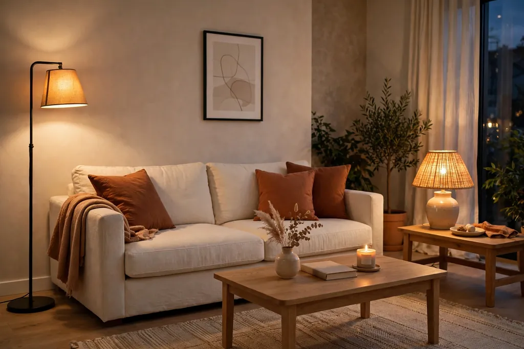Modern living room in the evening lit by warm table and floor lamps.