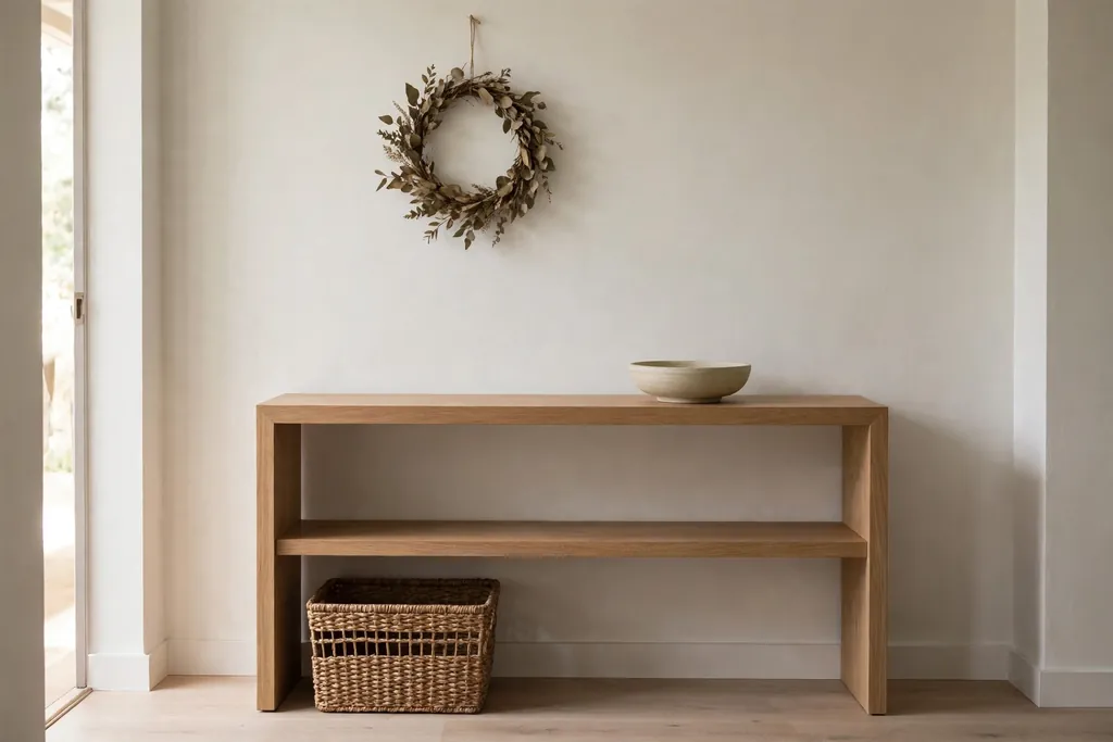Modern entry console with a woven basket, a bowl, and a simple wreath.