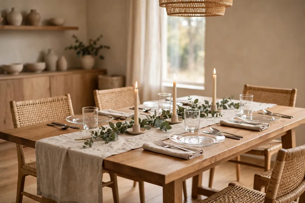 Modern dining table with a linen runner, eucalyptus stems, and taper candles.