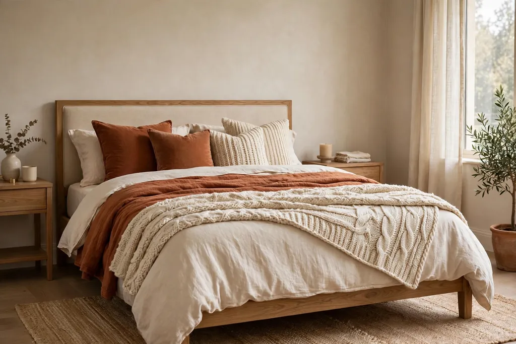 Bedroom with rust and cream layered bedding and a knit throw.