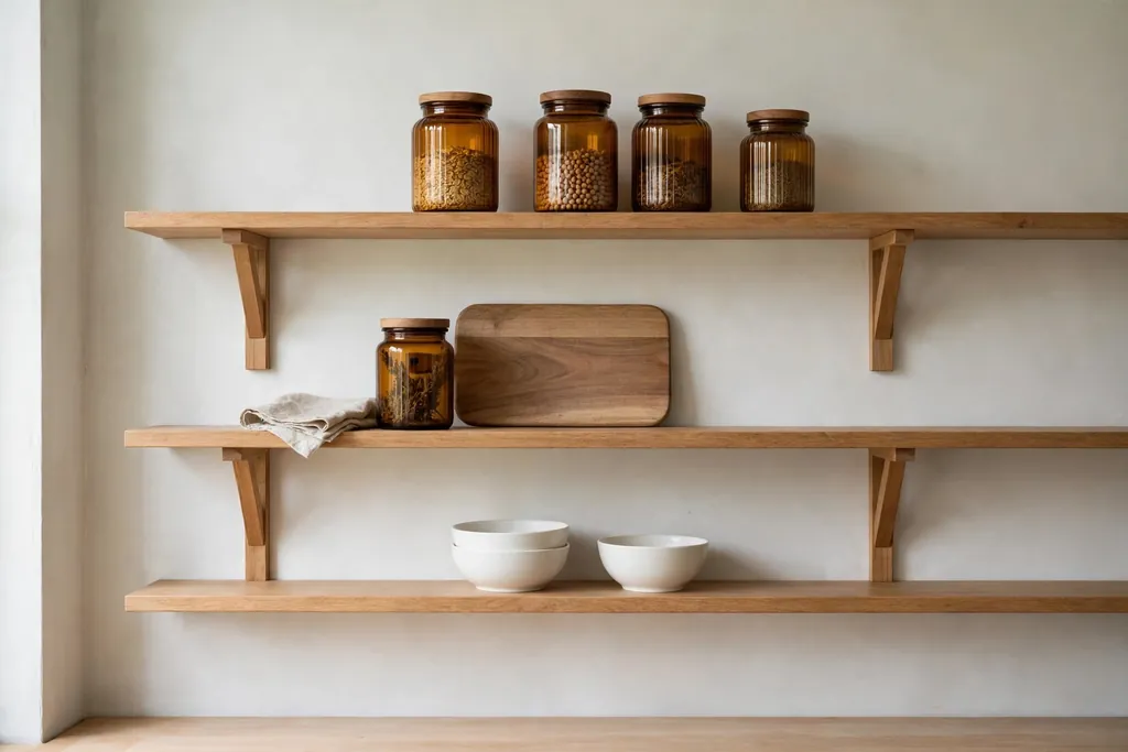 Open kitchen shelves with amber glass jars, a wood board, and plain bowls.