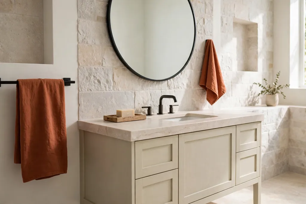 Modern bathroom with rust hand towels and a small wood tray.