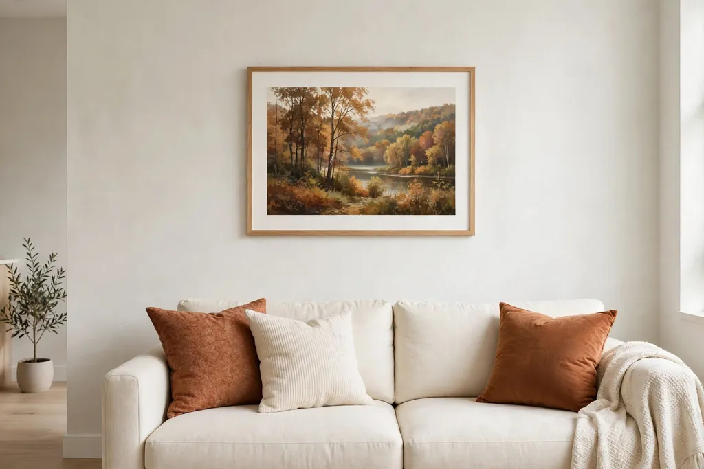 Living room wall with one framed autumn landscape print above a sofa.