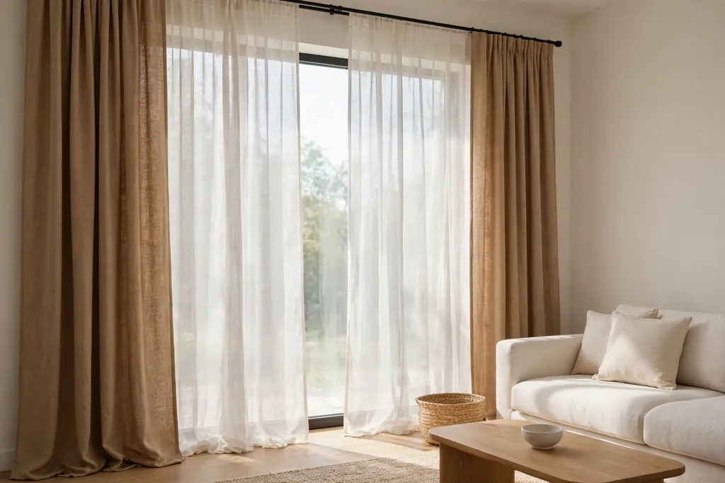 Living room window with sheer linen panels and camel side curtains.