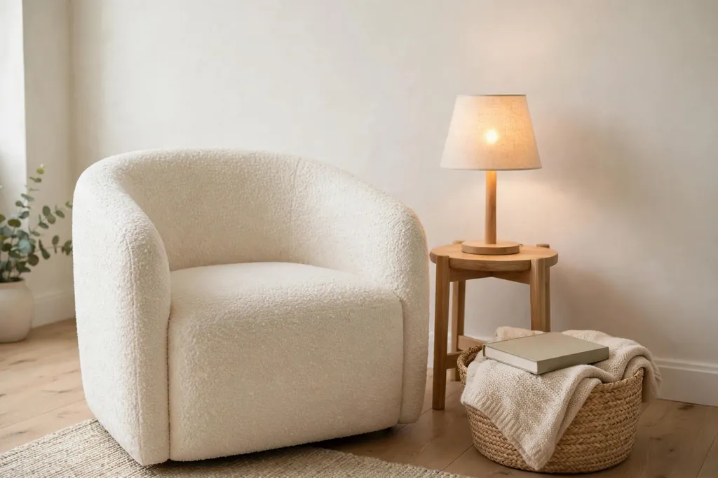 Modern reading corner with a boucle chair, side table, warm lamp, and basket.