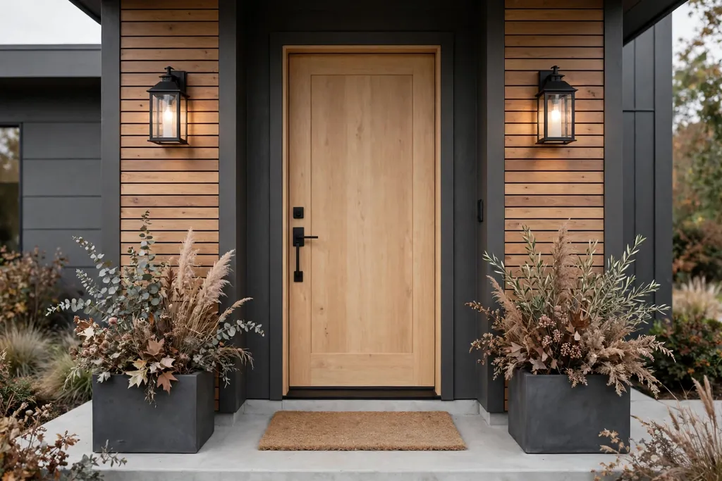Modern front porch with two planters, a neutral doormat, and lanterns.