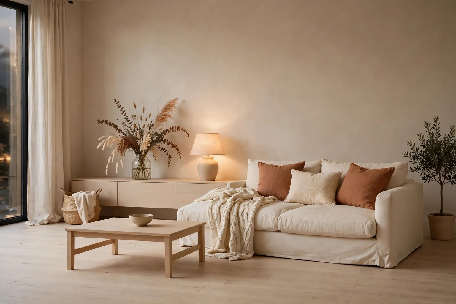 Wide modern living room in warm neutrals with rust cushions, a knit throw, dried stems, and warm lamplight.