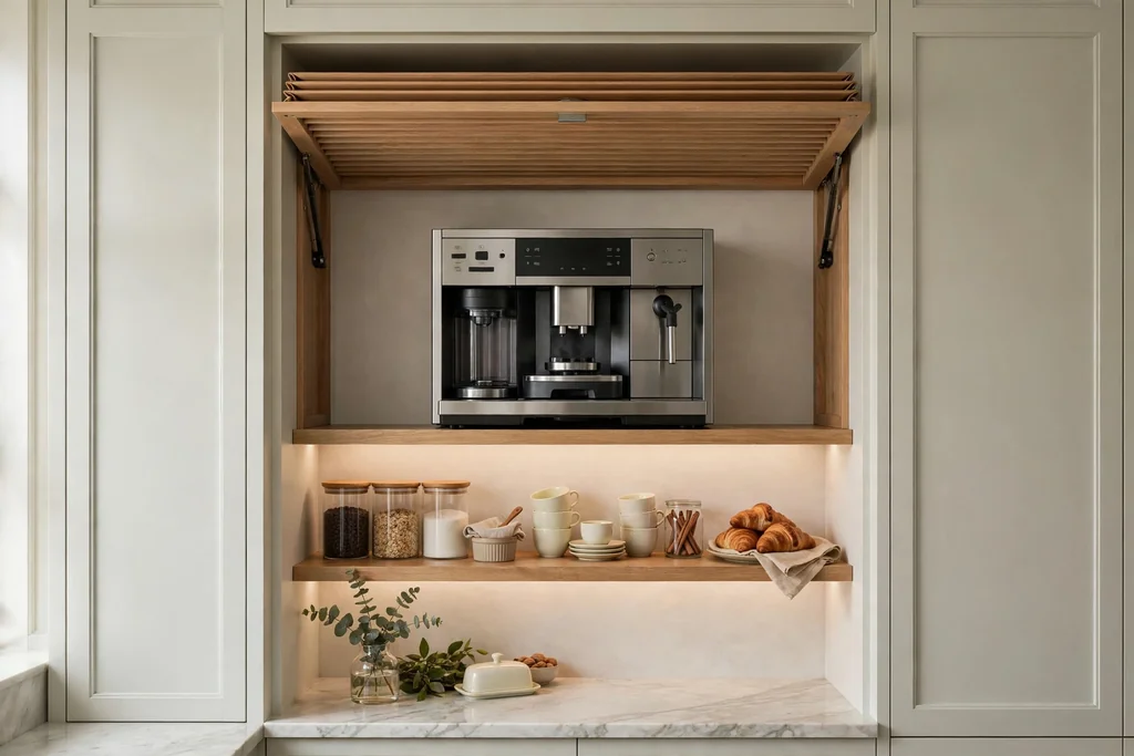 Kitchen coffee and breakfast station in a recessed niche with cups and jars.