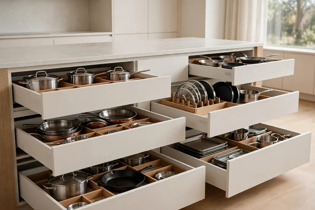 Kitchen deep drawers pulled open showing organized pots, pans, and dividers.