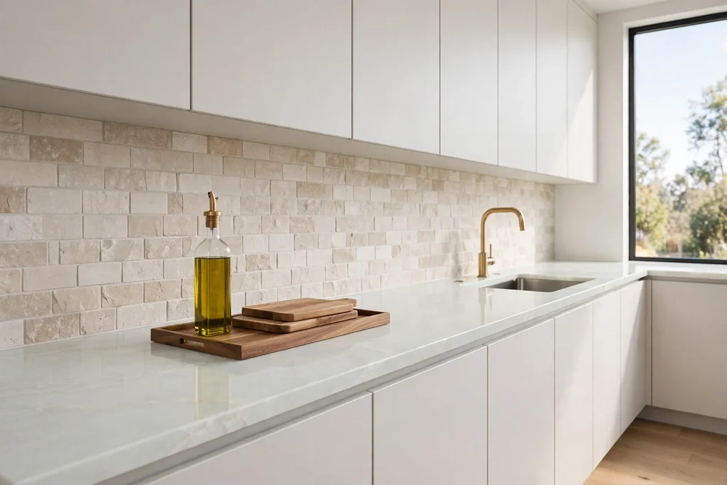Mostly clear pale quartz counter with a tray, sealed stone backsplash, and a brass tap.
