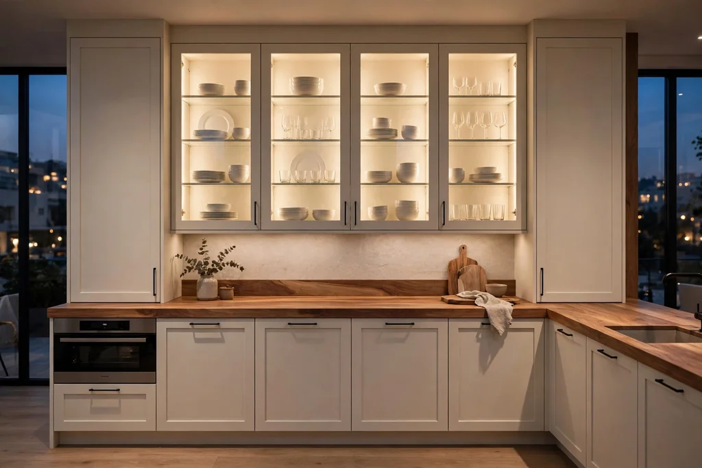 Kitchen with lit glass-front upper cabinets showing white dishes and glassware.