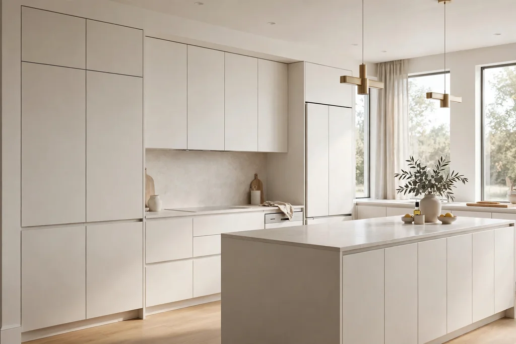 Modern luxury kitchen with handleless flat-front cabinets in warm white.