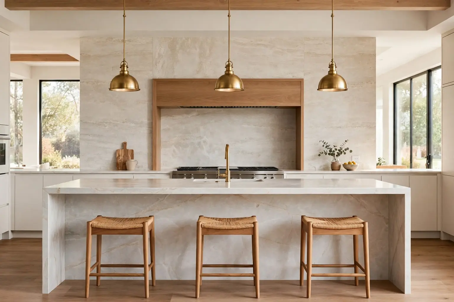 Wide modern luxury kitchen with a waterfall island, brass pendants, and a full-height stone backsplash.