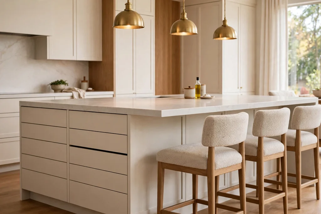 Kitchen island with seating on one side and stools tucked under a quartz overhang.