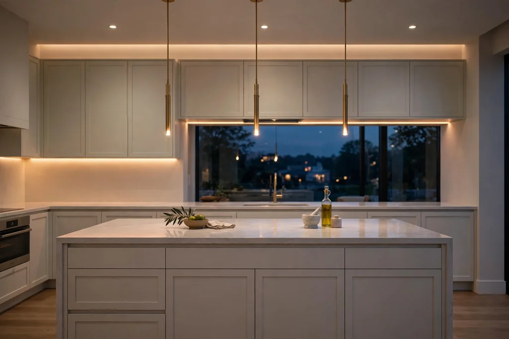 Kitchen island at dusk with brass pendant lights and warm under cabinet lighting.