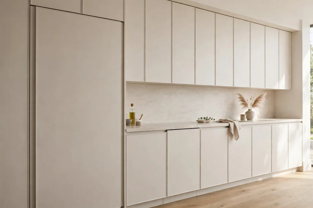 Kitchen wall with panel-ready appliances hidden behind matching cabinet fronts.