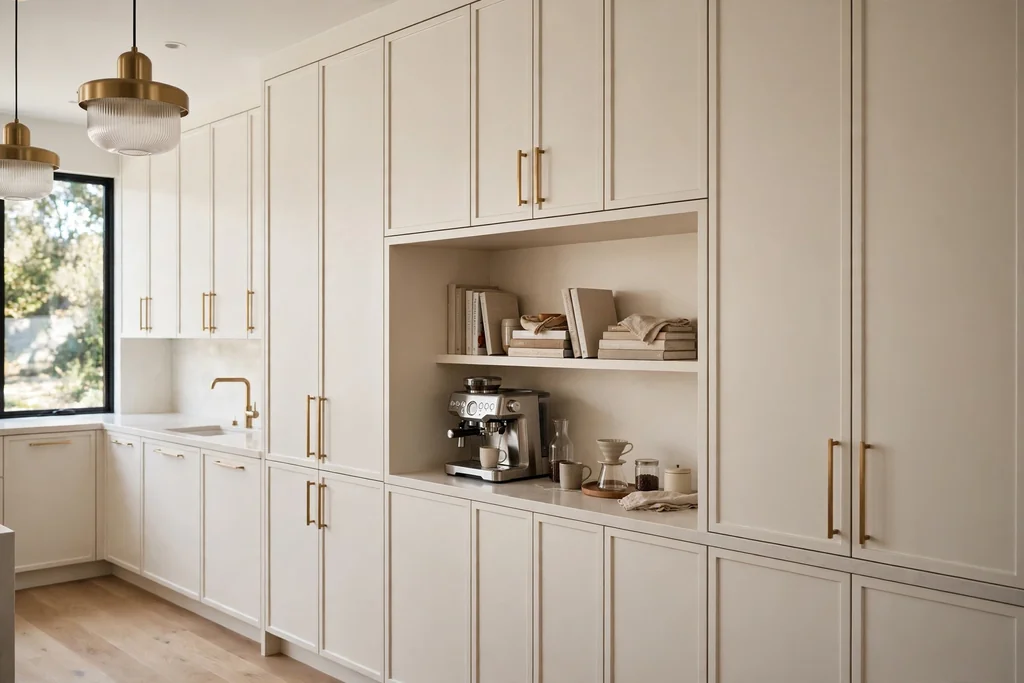 Floor-to-ceiling pantry wall in warm white with an open niche and coffee station.