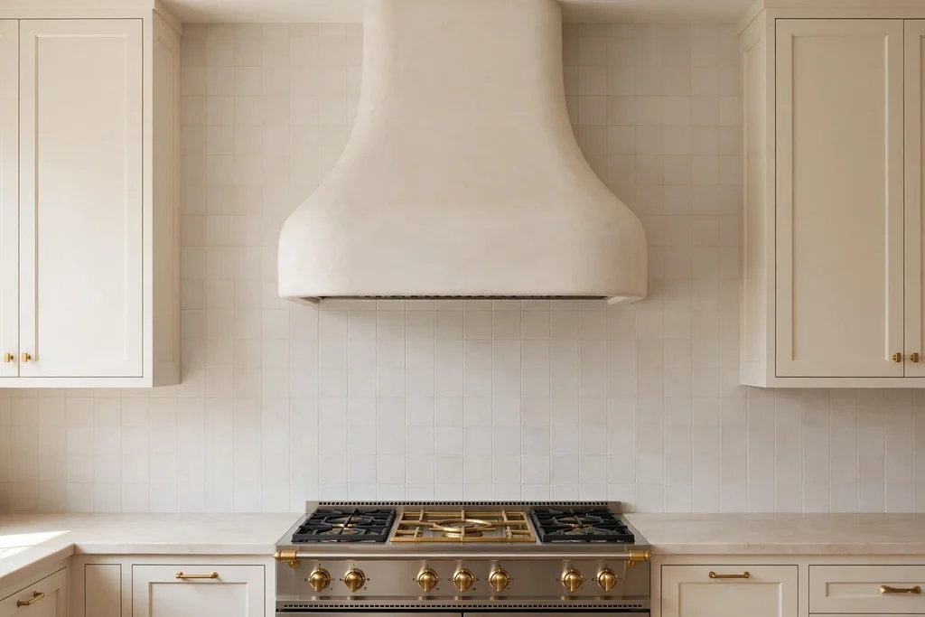 Kitchen cooking wall with a statement plaster range hood above a range.