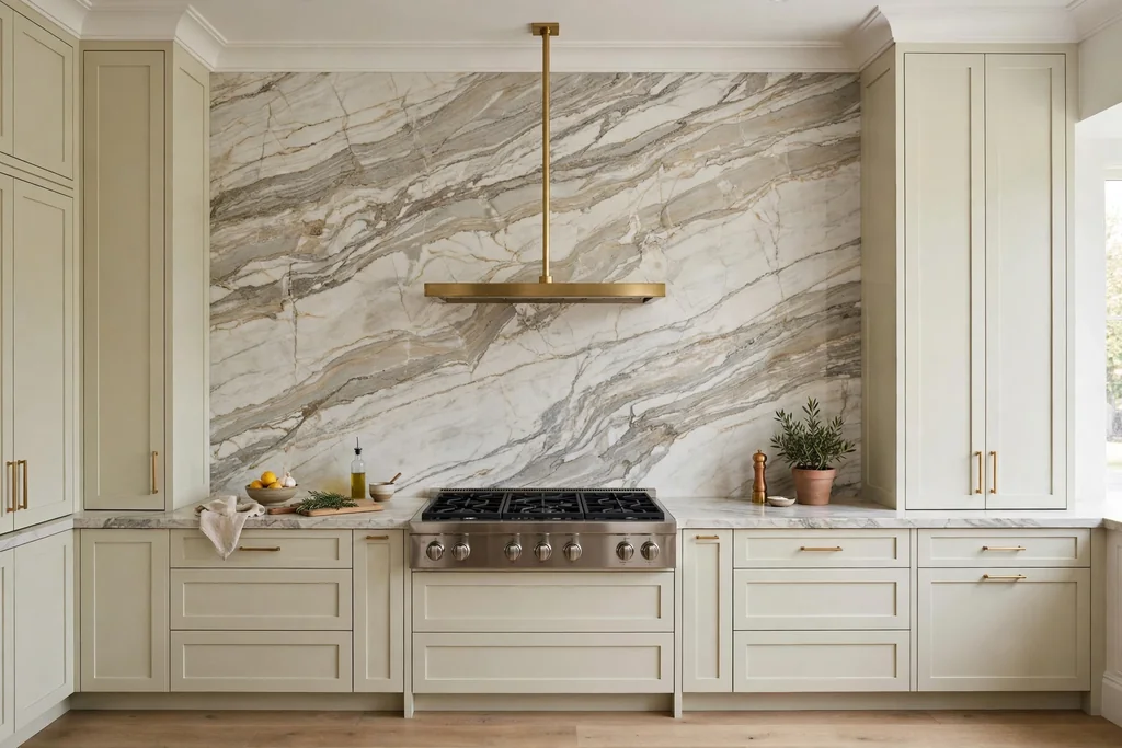 Kitchen cooking wall with a full-height veined stone slab backsplash behind a range.