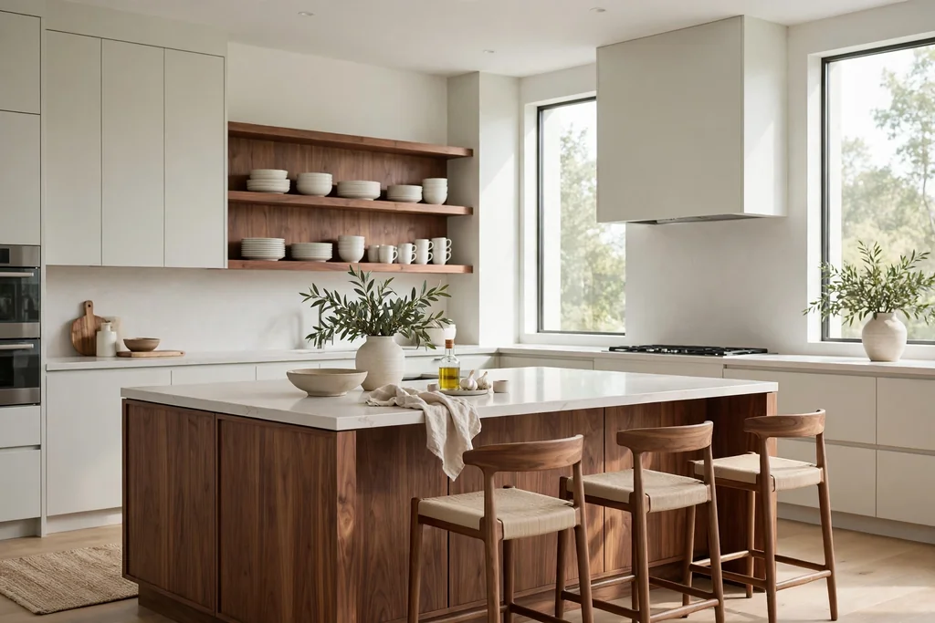 Modern luxury kitchen with a warm walnut island base and open walnut shelves.