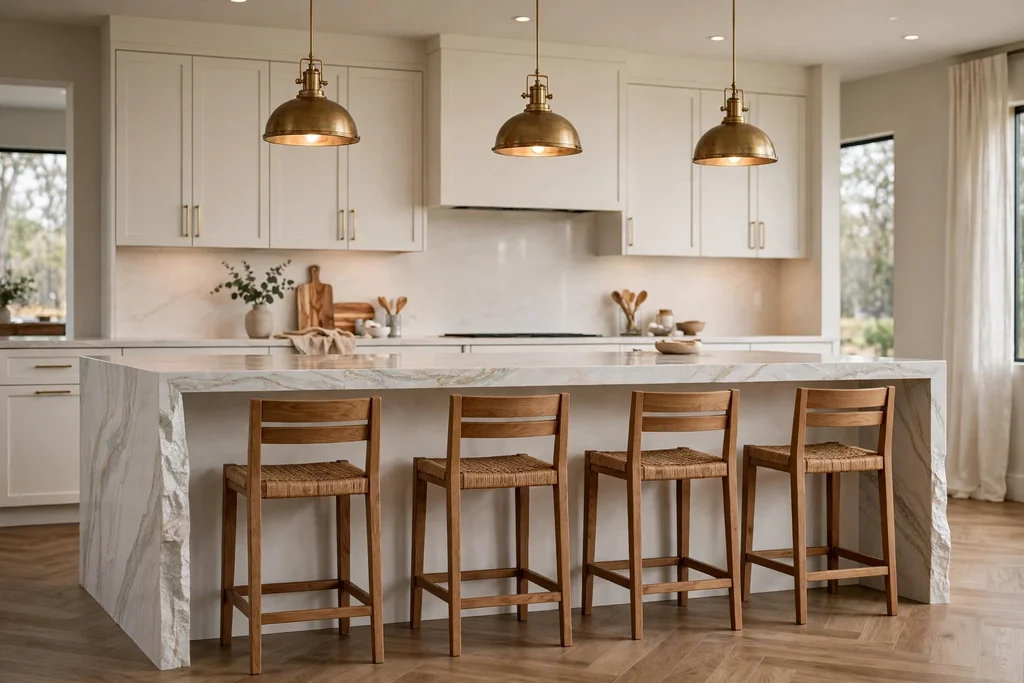 Kitchen island with a waterfall edge in pale veined quartz and wood bar stools.