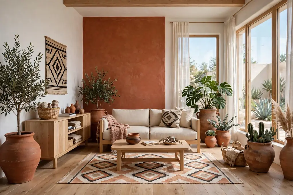 Modern Mexican living room with warm white walls and a terracotta accent wall with clay pots.