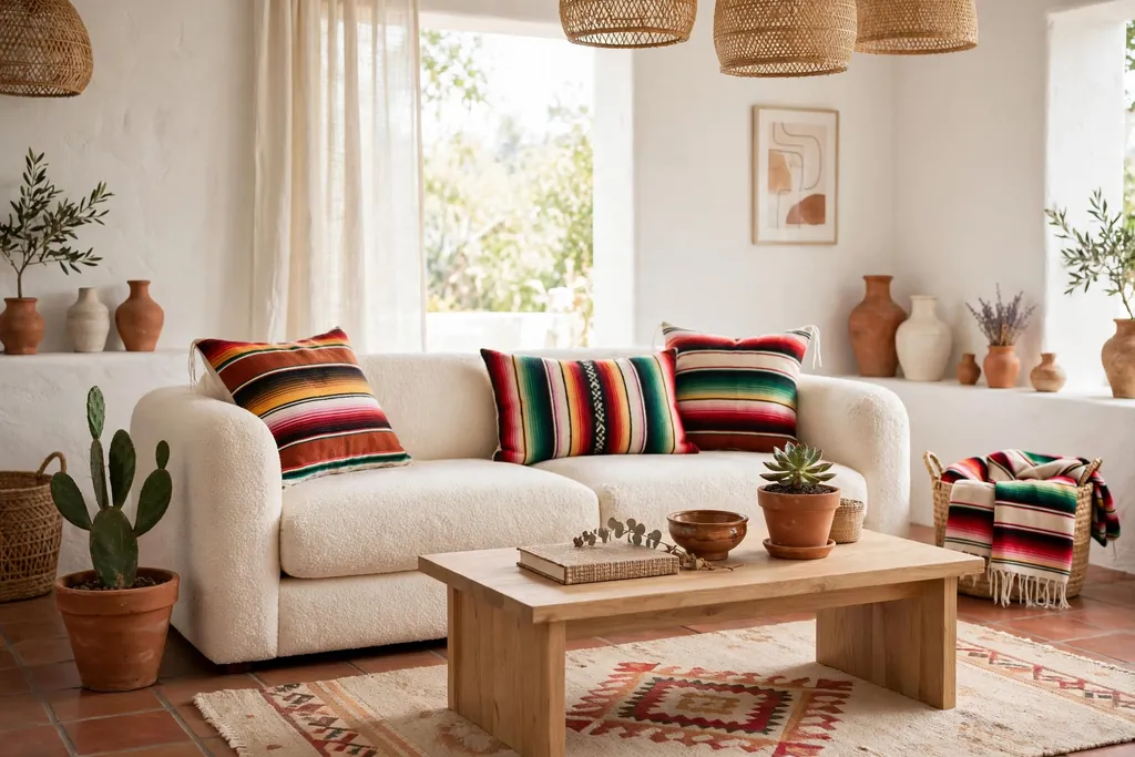 Low cream boucle sofa with serape striped cushions in a bright modern Mexican living room.