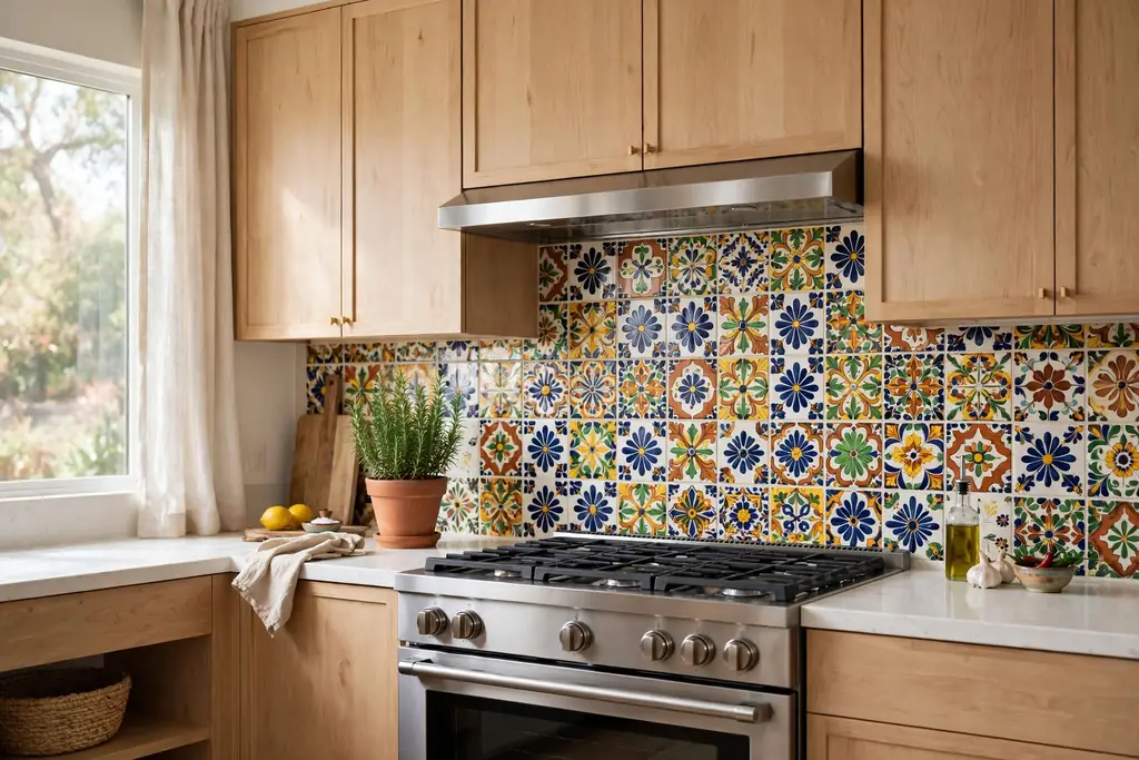 Modern kitchen with a Talavera tile backsplash behind the stove and plain light cabinets.