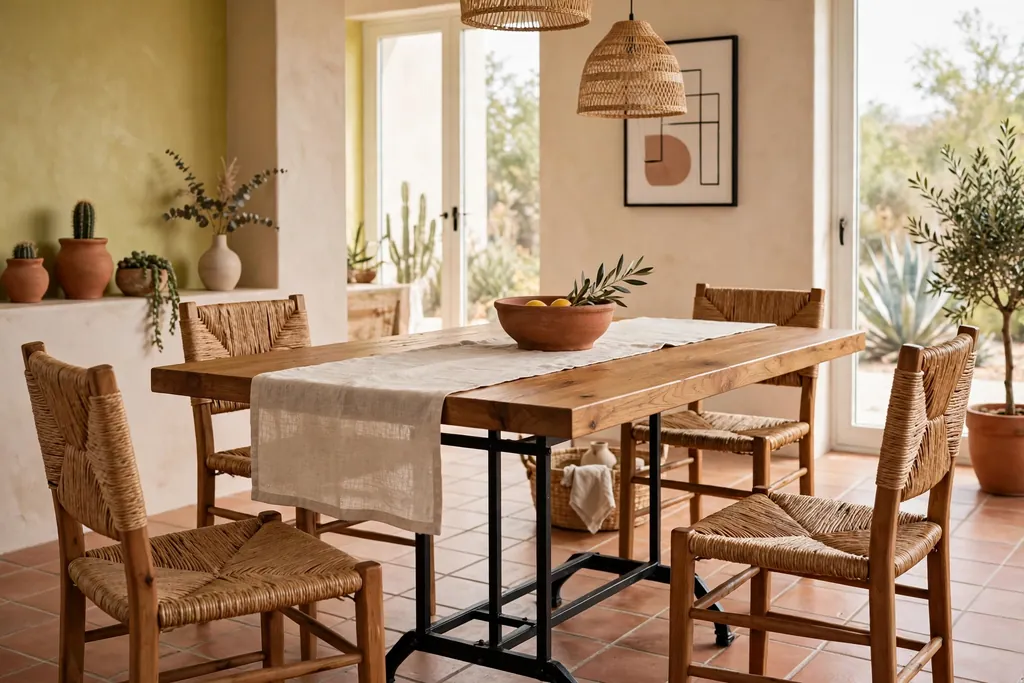 Wood dining table with a black iron base and woven chairs in a modern Mexican dining room.