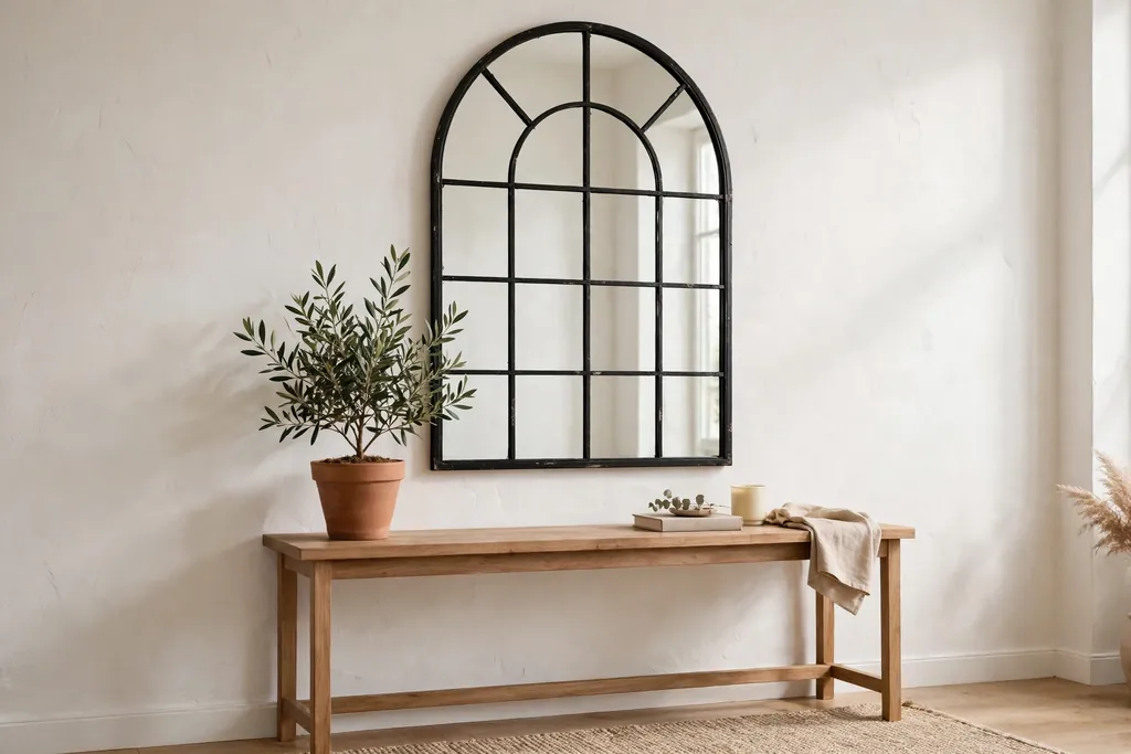 Living room wall with a large arched mirror above a plain console and a terracotta pot.
